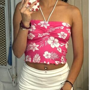 New Small Hibiscus Ruched Halter Neck Sweetheart Crop Top‎ Island Floral Pink